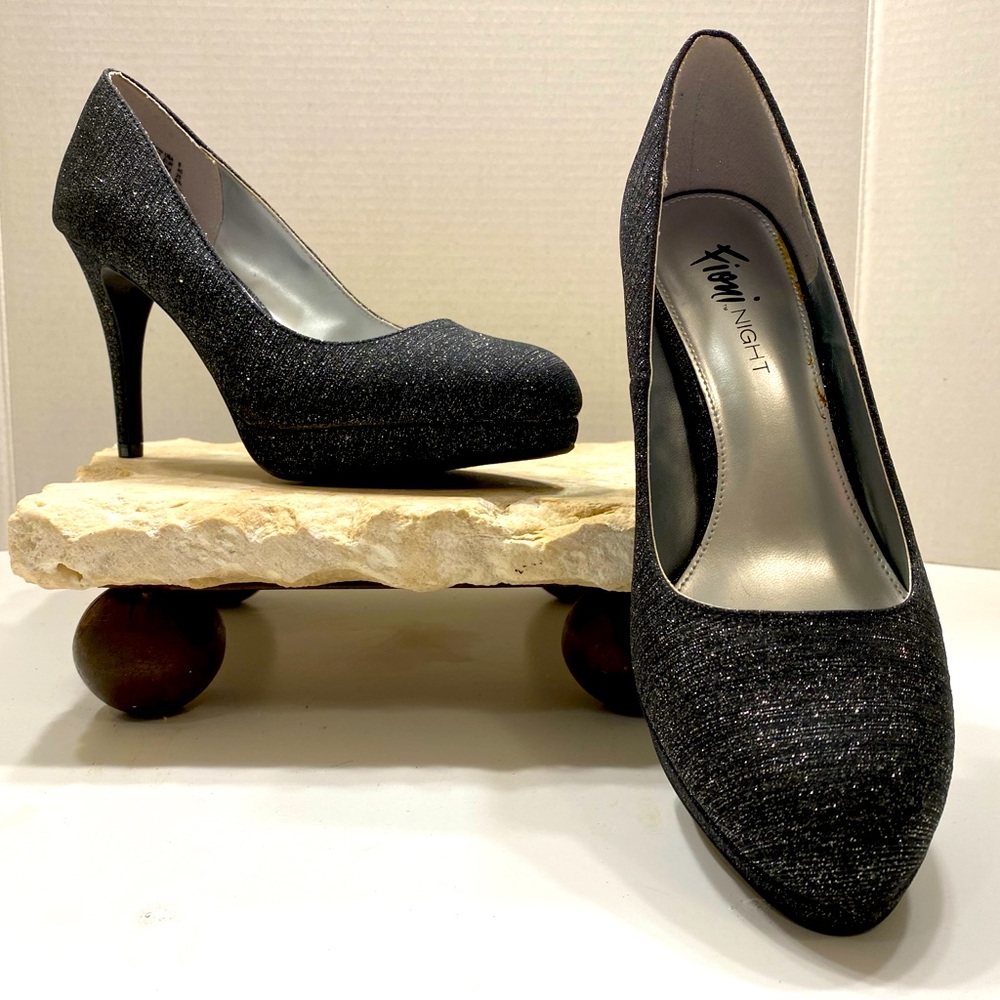 NIB Sz 8 M Fioni Night Black Shimmer Closed Toe Platform High Stiletto Pumps